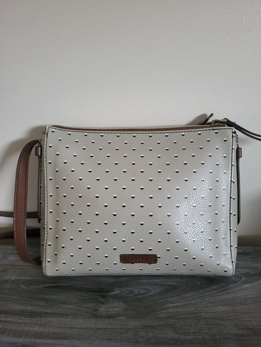 Fossil Fiona Leather Crossbody Bag Gray Brown Polka Dot